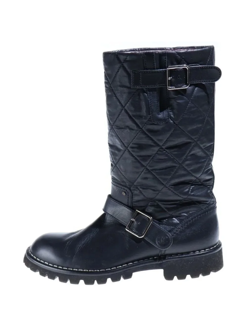 Chanel Quilted Engineer Boots Flat Black Lambskin Silver